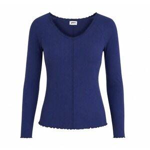 Pact Ribbed Long Sleeve Top Size M Navy Blue Scoop Neck Lettuce Edge Hem Eco